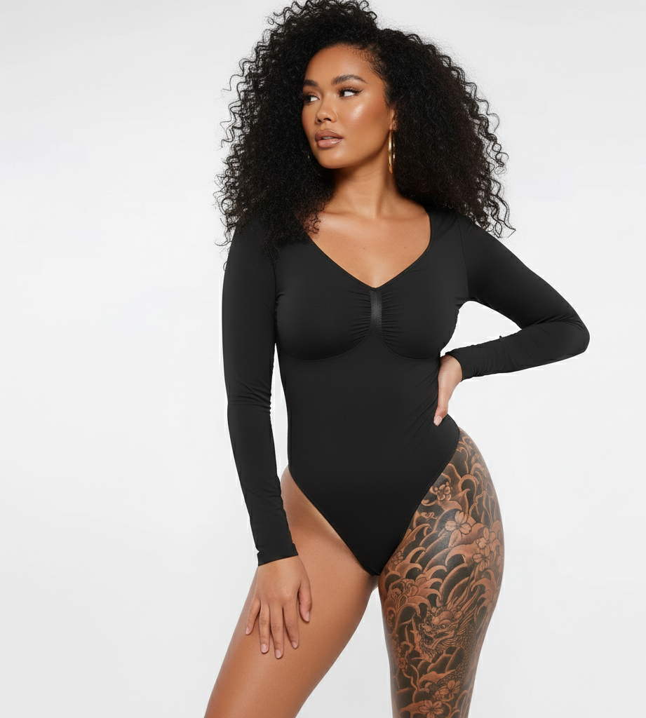 Woman wearing a black bodysuit against a white background