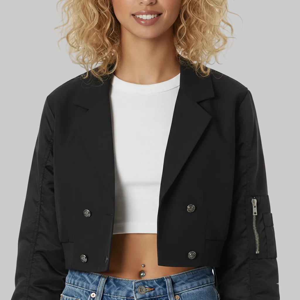 Woman wearing a black jacket over a white top and blue jeans on a white background