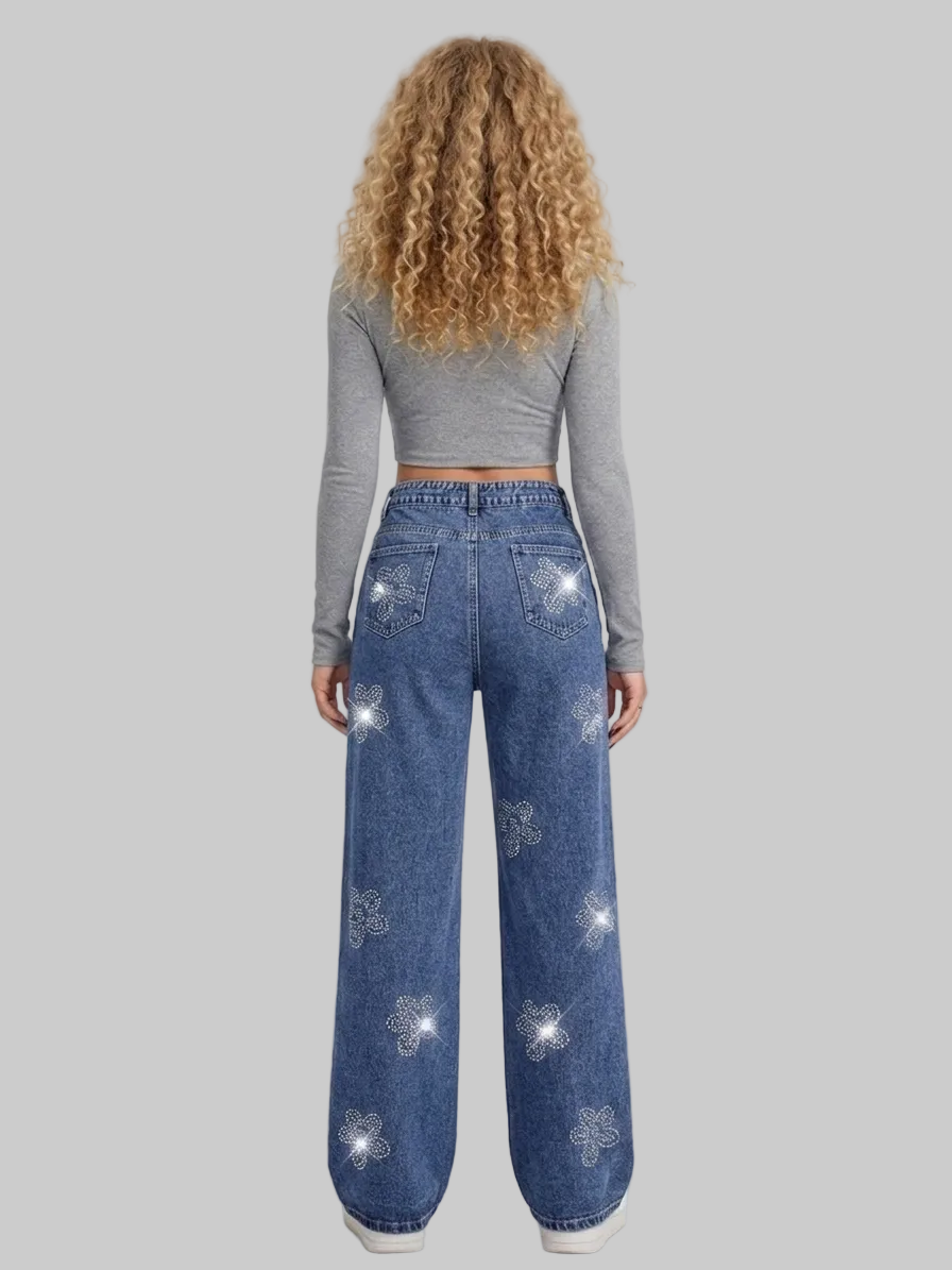 Women’s Straight Fit Jeans with Flower Stones
