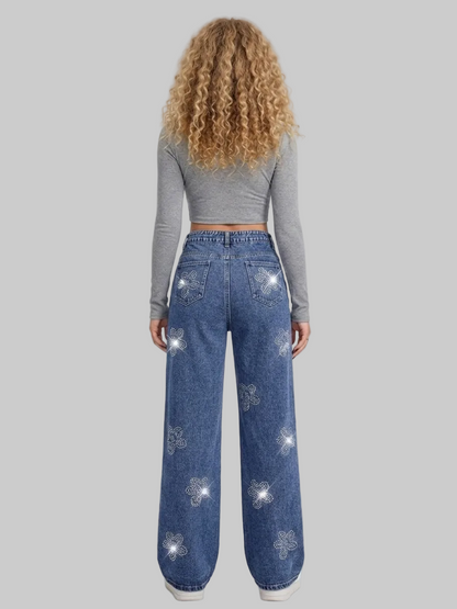 Women’s Straight Fit Jeans with Flower Stones