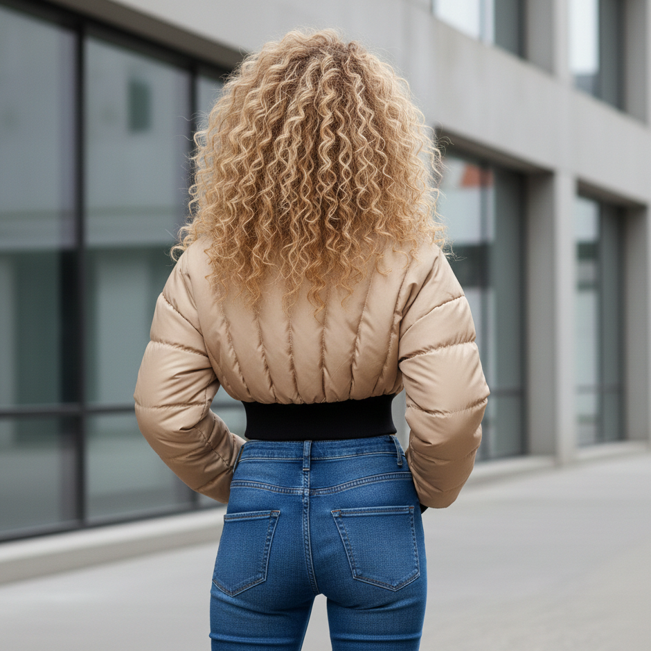 Person wearing a beige puffer jacket and blue jeans standing in front of a modern building.