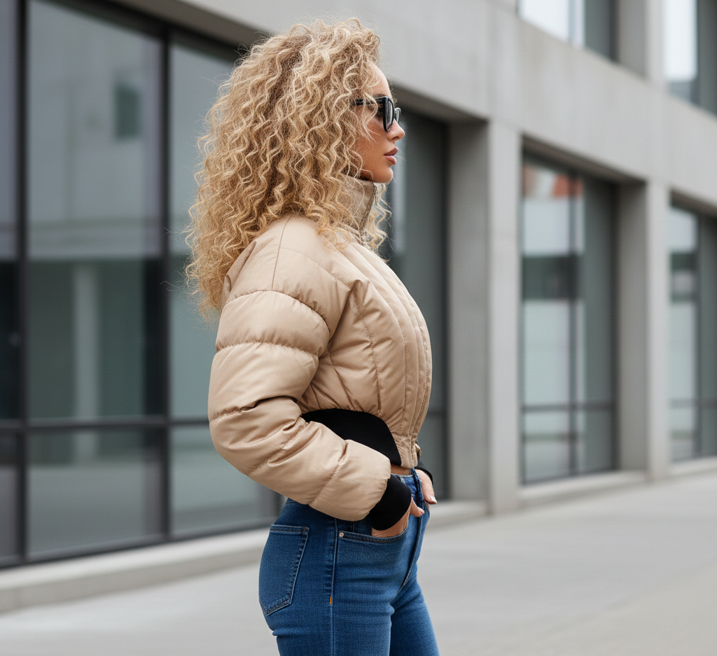 Woman wearing a beige puffer jacket and blue jeans standing in front of a modern building.