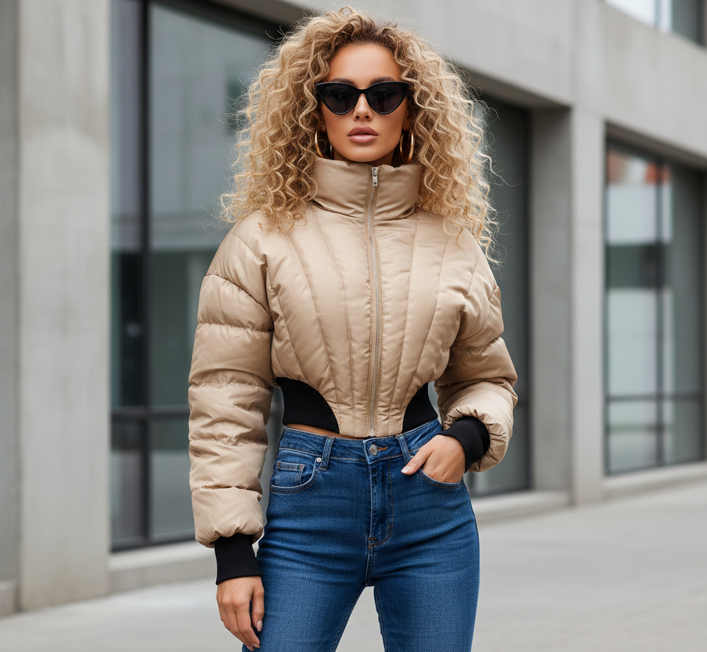 Woman wearing a beige puffer jacket and blue jeans standing in front of a modern building.