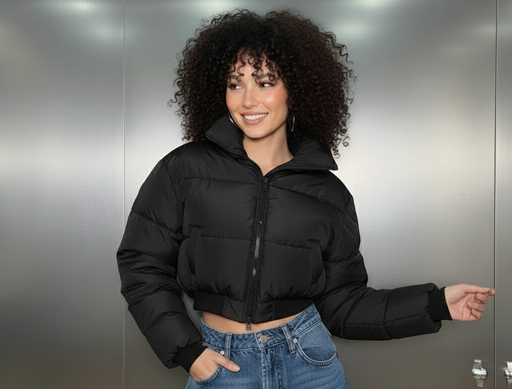 Woman wearing a black puffer jacket and blue jeans standing against a metallic wall.