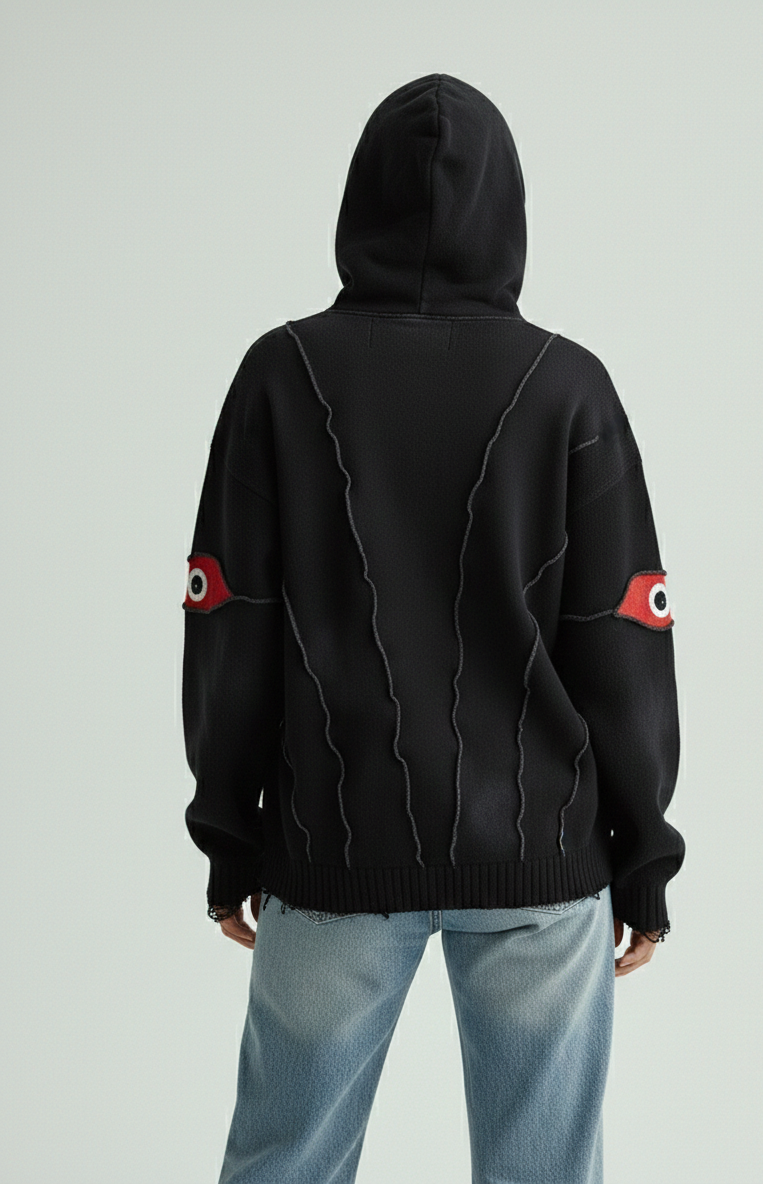 Black Washed Heavy Hoodie with Red Eyes – Handmade Streetwear back