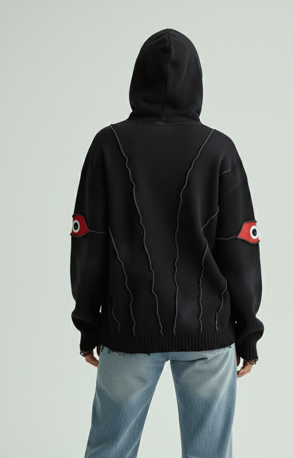 Black Washed Heavy Hoodie with Red Eyes – Handmade Streetwear back