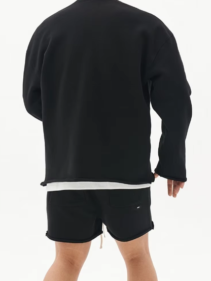 Black Pullover Long Sleeve Sweatshirt+Shorts
