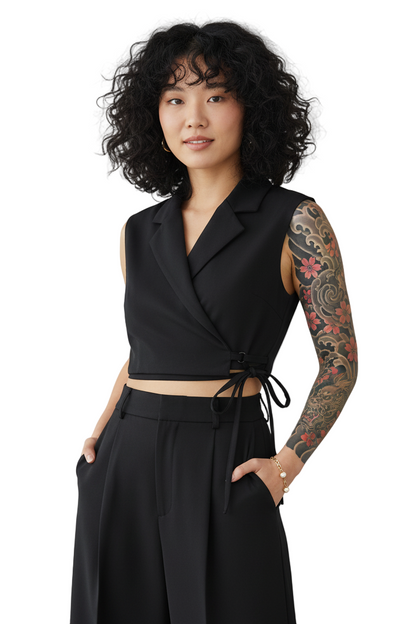 Woman wearing a black sleeveless blazer and pants with a gray background