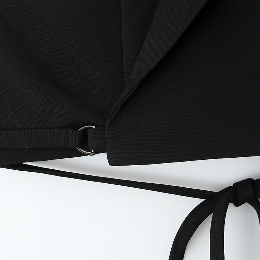 Black bikini top with a strap on a white background