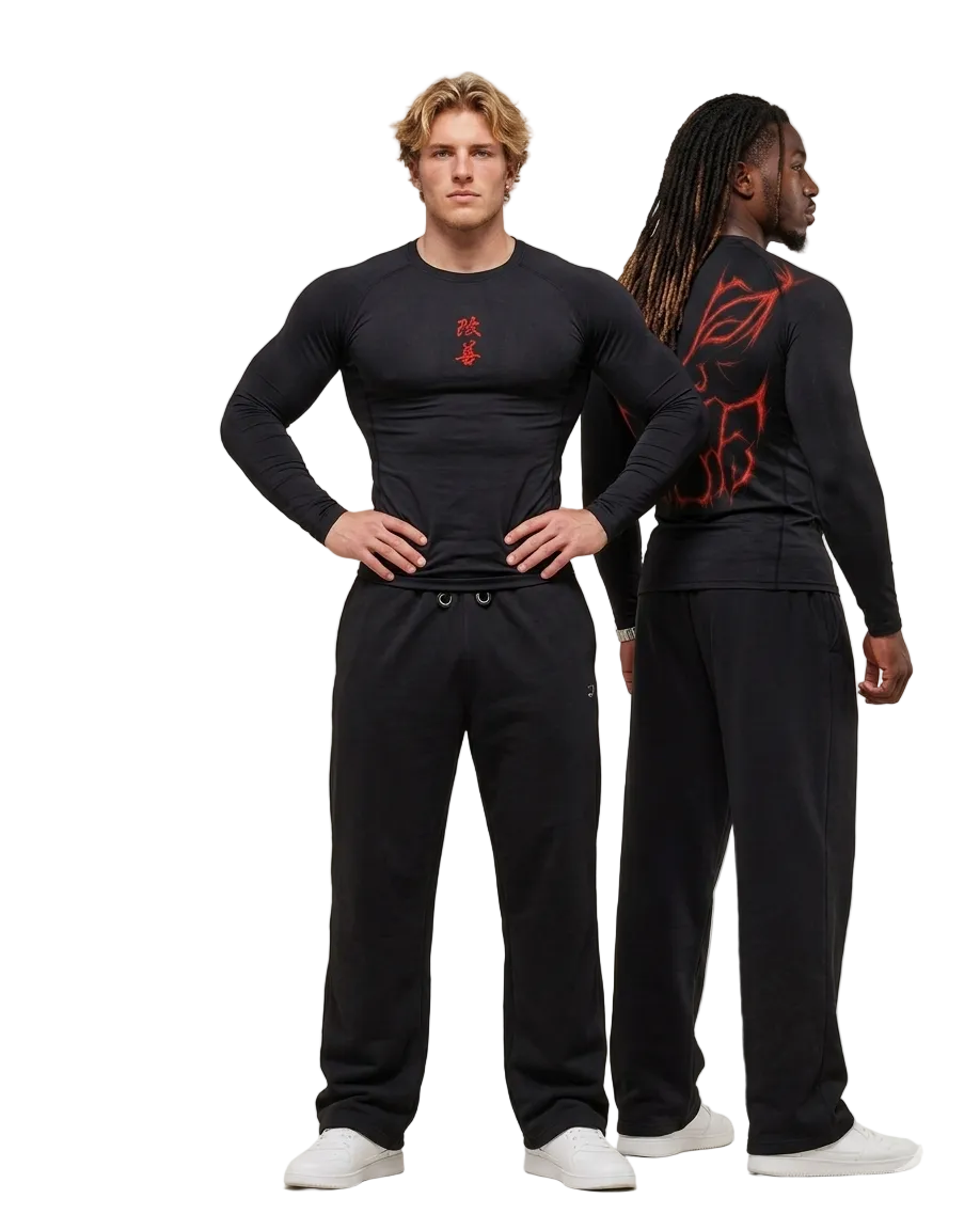 Two men wearing black athletic outfits with red designs on a plain background