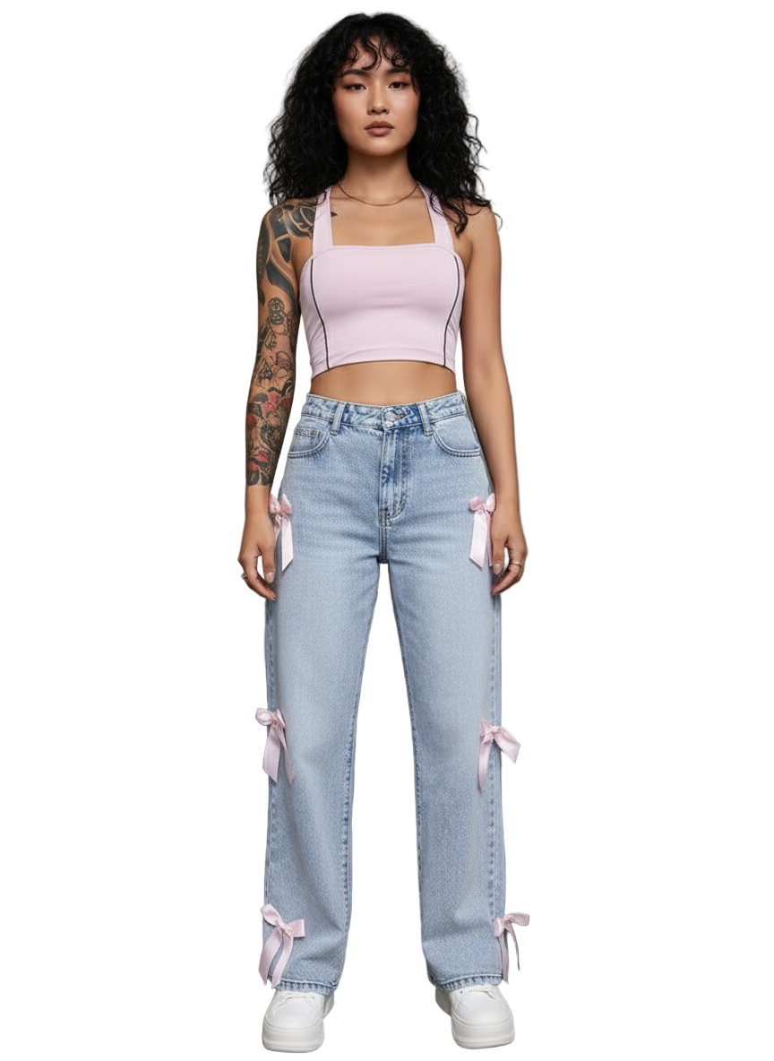 Woman wearing a pink crop top and light blue jeans with pink ribbons against a gray background
