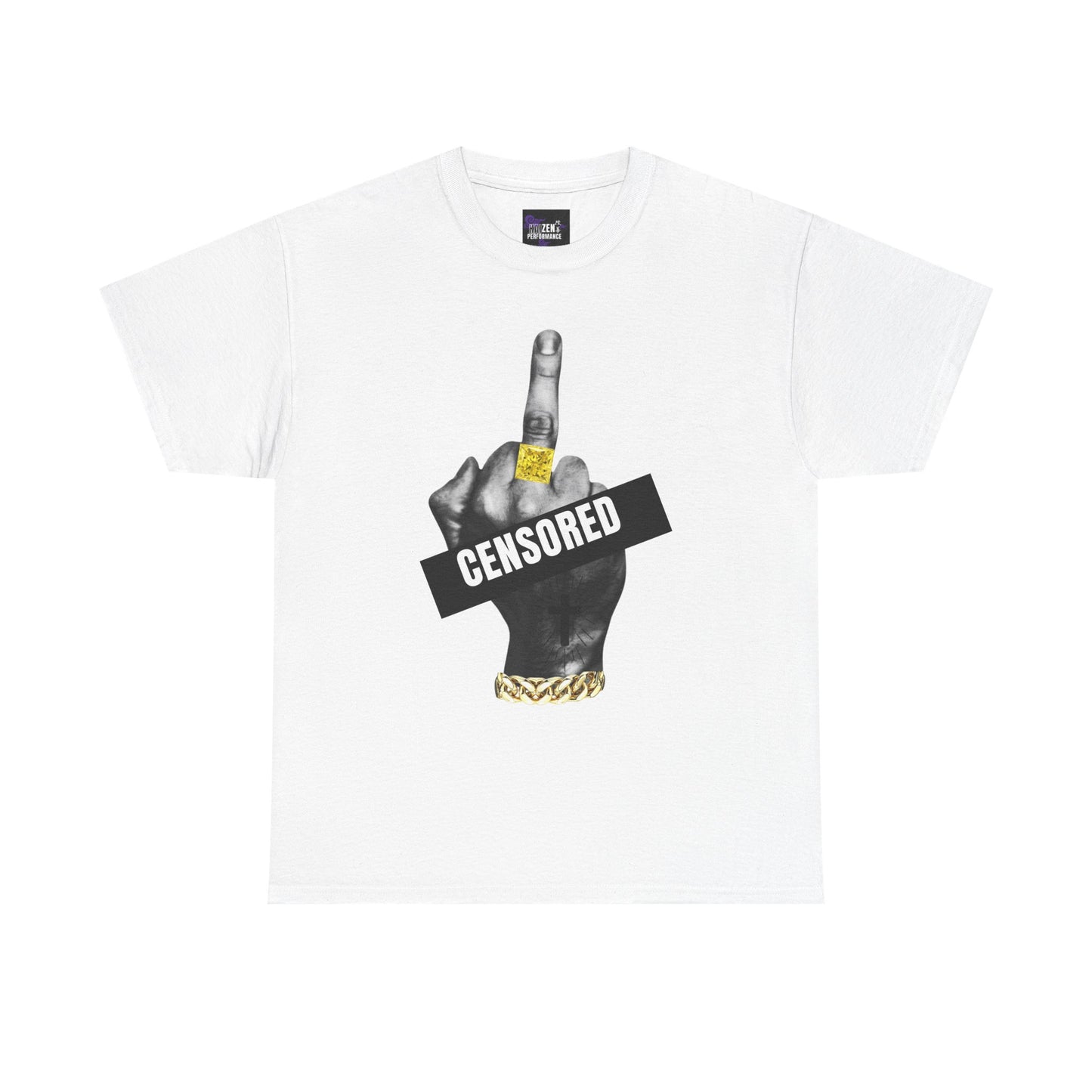 White t-shirt with graphic of a hand making a peace sign with 'CENSORED' text, on a white background.