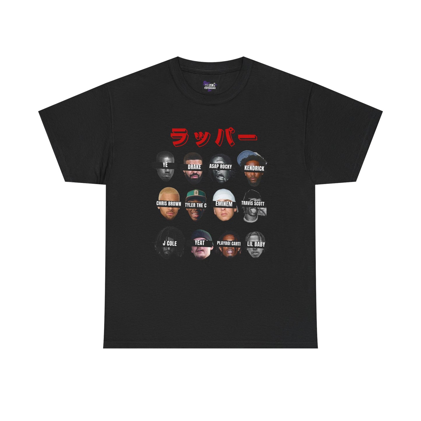 Black t-shirt with graphic of various faces and text on a white background