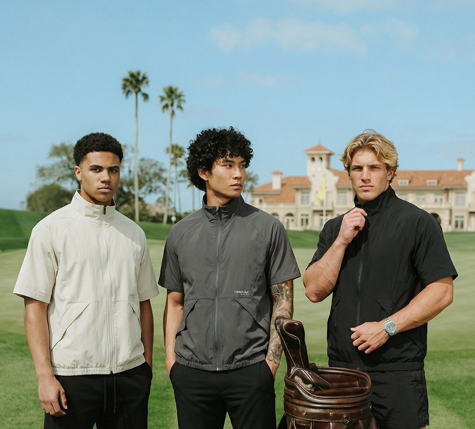 Three men standing on a golf course with a golf bag and balls.
