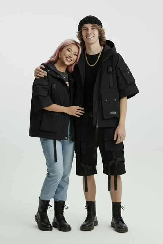 Two people wearing black jackets and pants standing against a white background
