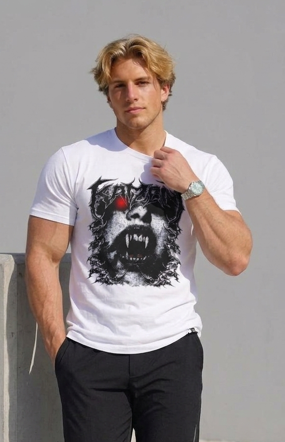 Man wearing a white t-shirt with a graphic design outdoors.