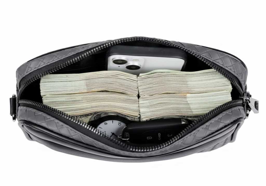 Open black leather wallet with money and a phone on a white background