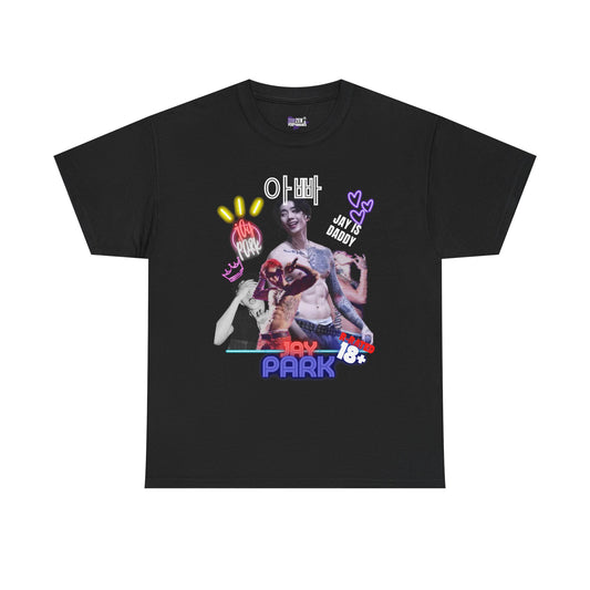 Black t-shirt with colorful graphic jaypark kpop design on a white background