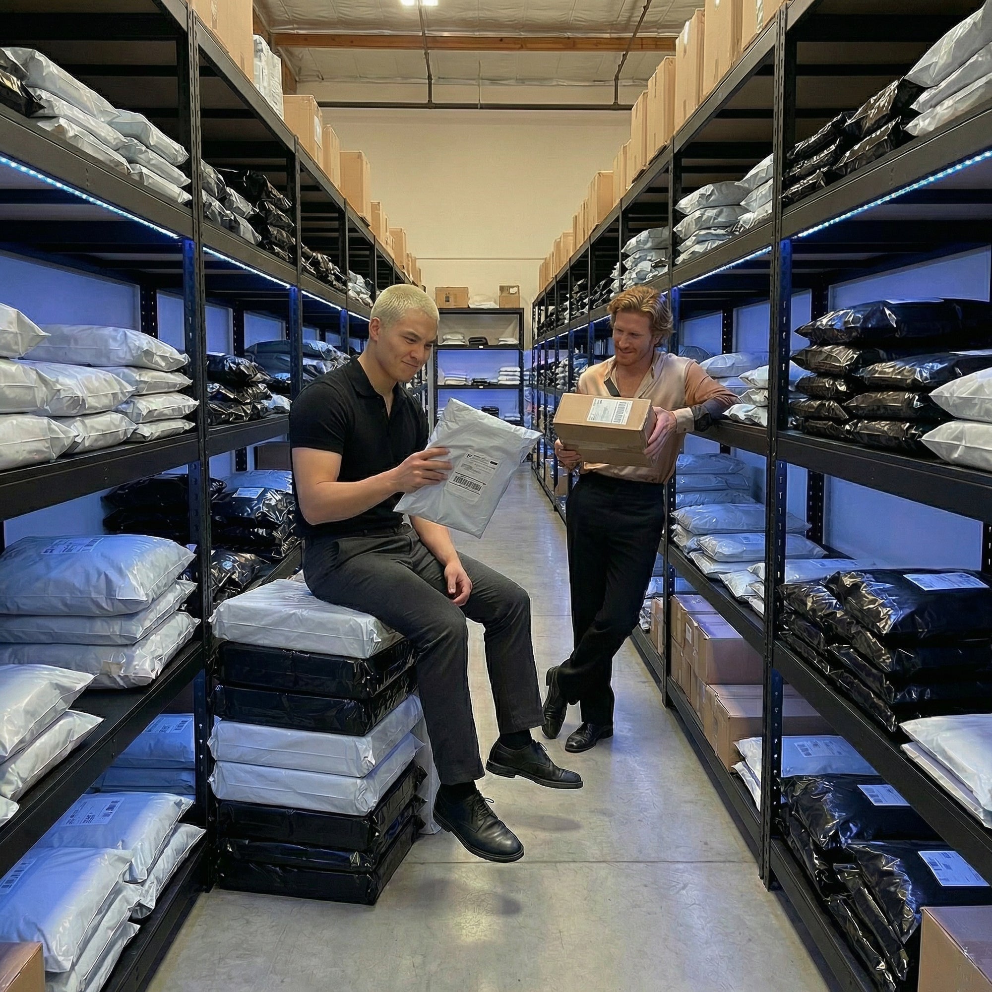 Two people in a storage room with shelves filled with boxes and bags.
from kaizenperformance