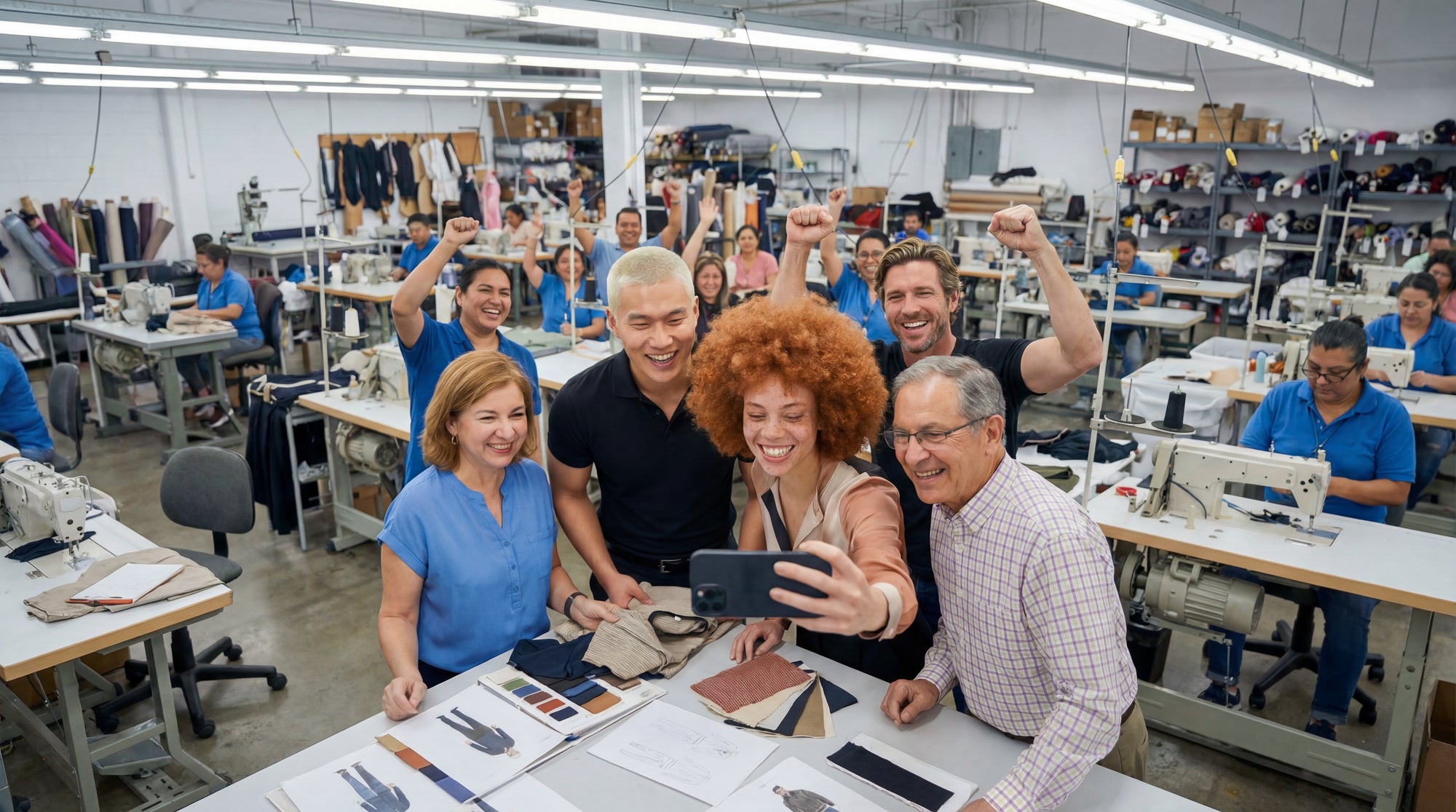 Group of people taking a selfie in a factory setting with sewing machines and materials around.