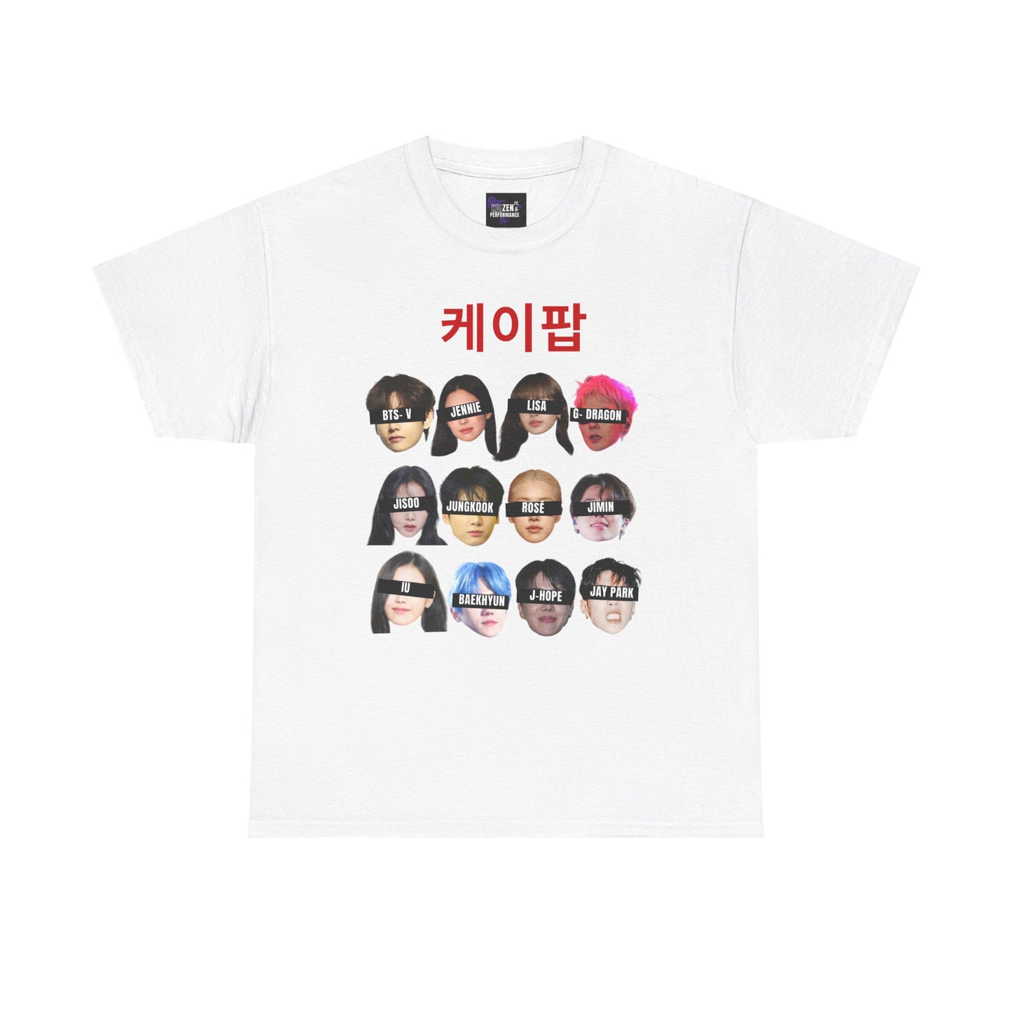 White t-shirt with graphic design of kpop faces and text on a white background