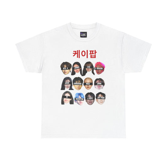 White t-shirt with graphic design of kpop faces and text on a white background