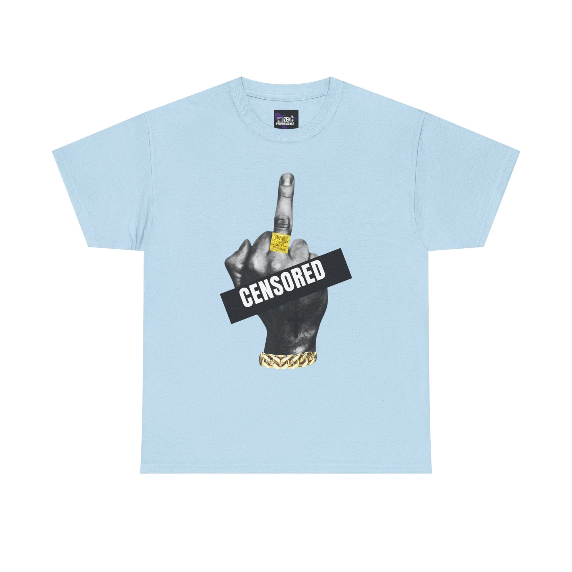 Light blue t-shirt with a graphic of a hand with a ring labeled 'CENSORED' on a white background