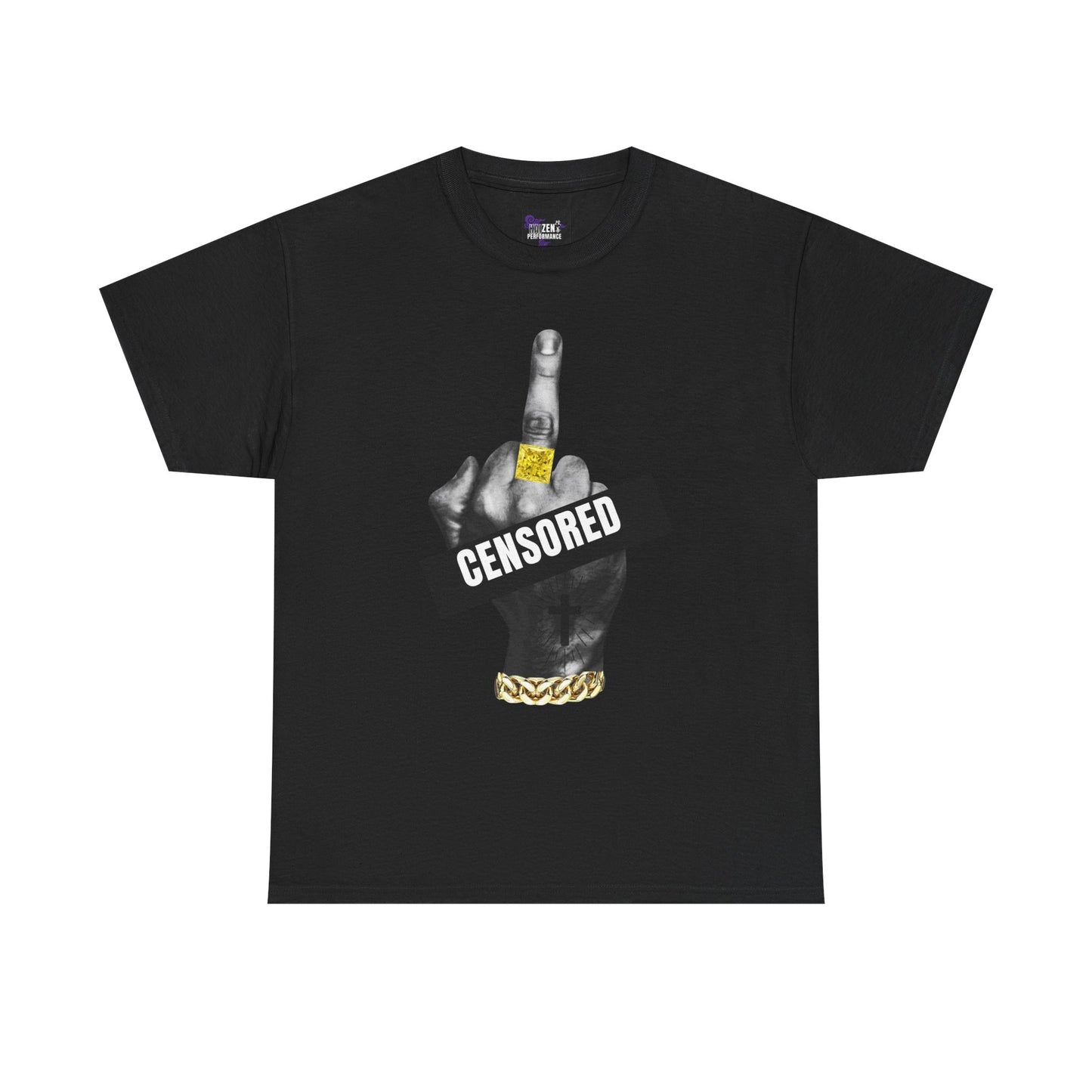 Black t-shirt with a graphic of a hand making a middle finger gesture with 'CENSORED' text on a white background