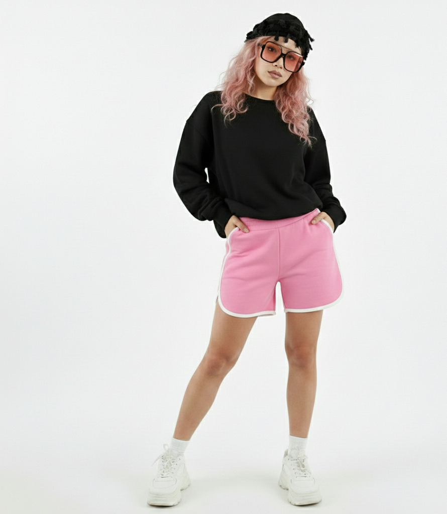 Person wearing a black sweatshirt and pink shorts on a white background