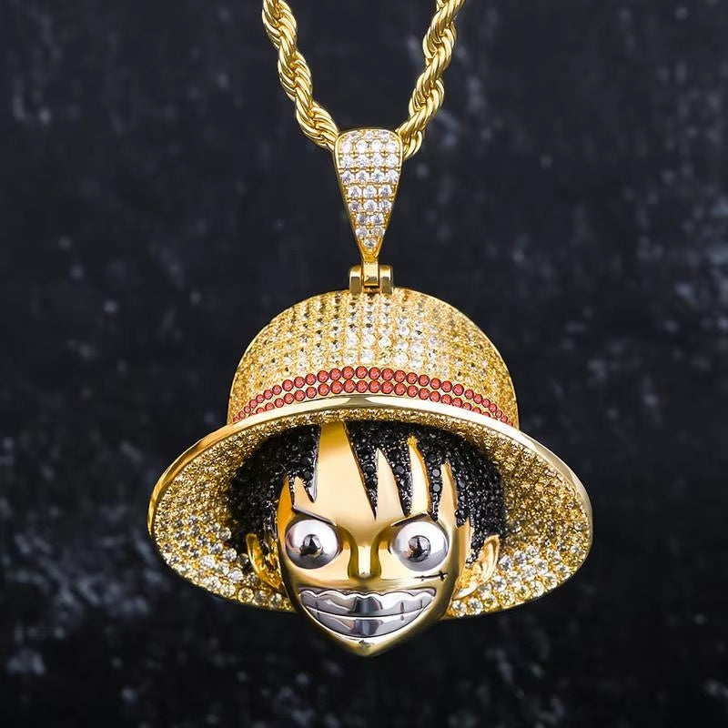 One Piece Luffy Pendant Necklace – Iced Cubic Zirconia Bling Charm