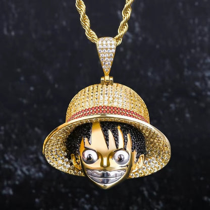 One Piece Luffy Pendant Necklace – Iced Cubic Zirconia Bling Charm