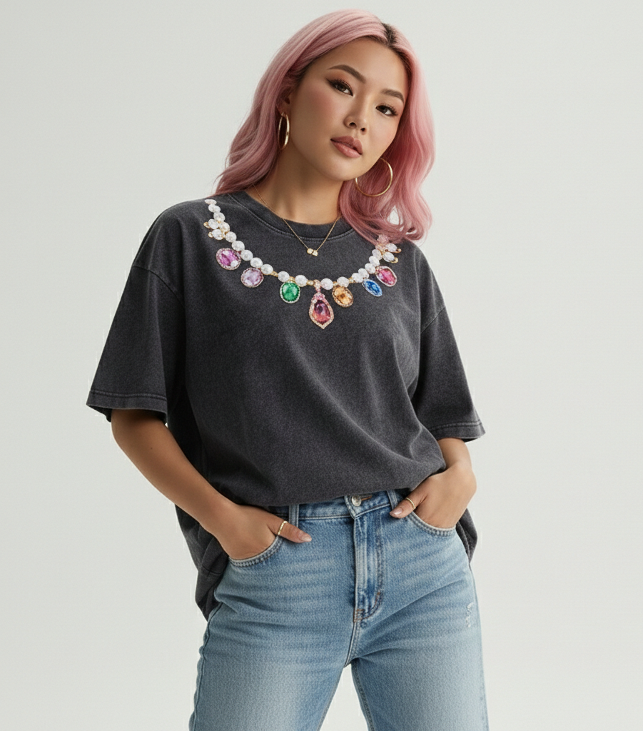 Person wearing a black t-shirt with colorful gemstone necklace and light blue jeans on a plain background