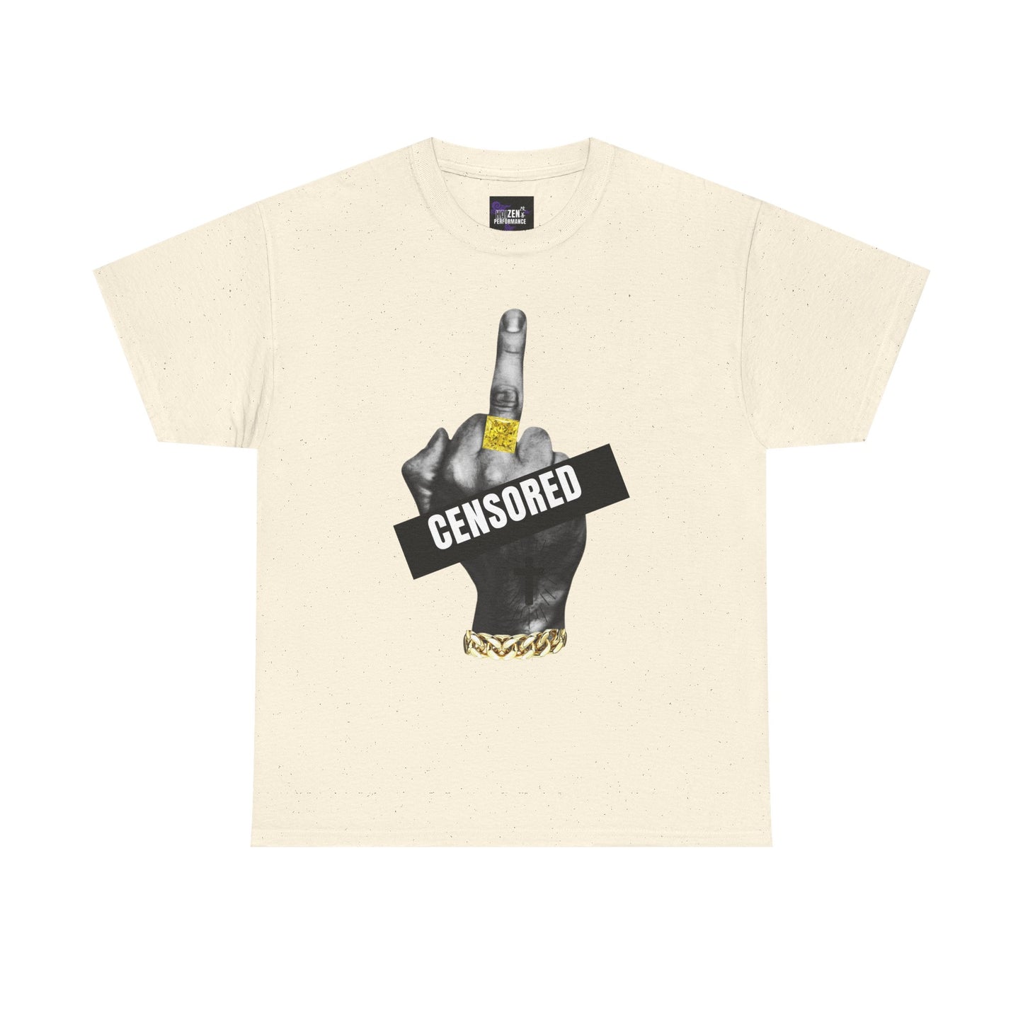 Beige t-shirt with graphic of a hand making a peace sign with 'CENSORED' text, on a white background.
